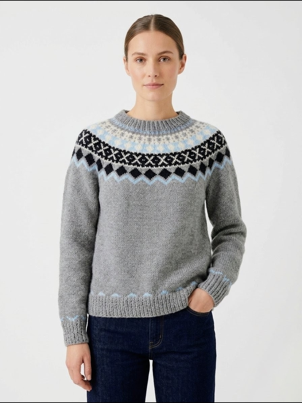 Vintage Handmade Knit Sweater Grey Light Blue Nordic Yoke Cabincore Apres Ski